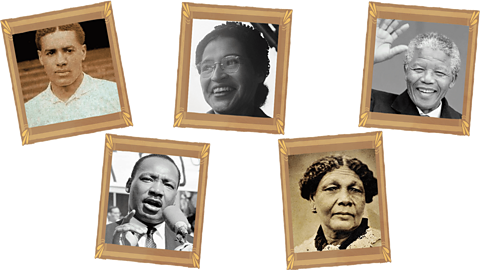 Black and white images of Walter Tull, Rosa Parks, Martin Luther King, Nelson Mandela and Mary Seacole in cartoon frames
