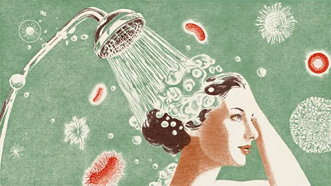 Emmanuel Lafont Illustration of a woman washing her hair under a shower while surrounded by bacteria and viruses (Credit: Emmanuel Lafont)
