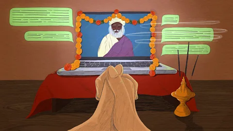 Prashanti Aswan Illustration of a person's hands in prayer in front of a Hindu shrine, with text bubbles floating around (Credit: Prashanti Aswan)