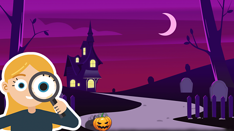 A spooky house against a purple sky with gravestones and a pumpkin. A cartoon girl holding a magnifying glass to her eye in the foreground.