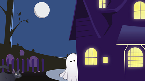 A cartoon night scene with a full moon, a spooky house with the lights on, a ghost and black cat surrounded by a picket fence, gravestones and trees