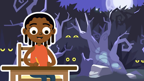 A cartoon scary wood with pairs of yellow eyes peeping out from the shadows, with a cartoon girl writing at a desk in the foreground