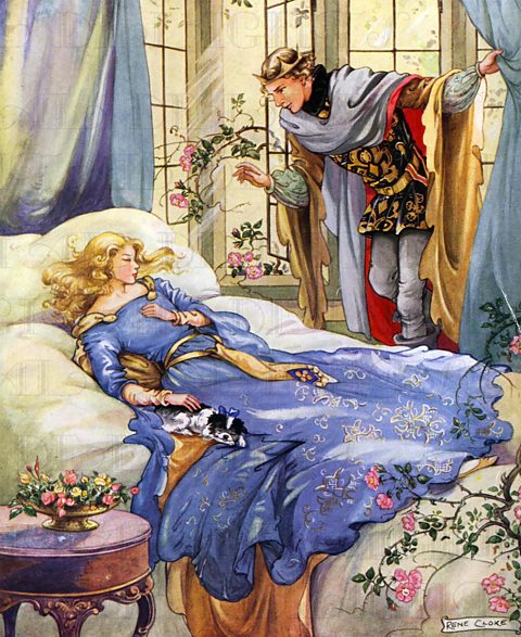 An illustration of a scene from Sleeping Beauty: a prince appears from behind a curtain to find 'Sleeping Beauty' lying asleep on a bed