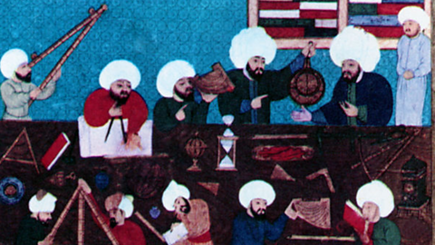 An illustration of astronomers using an astrolabe during the Golden Age of Islam.
