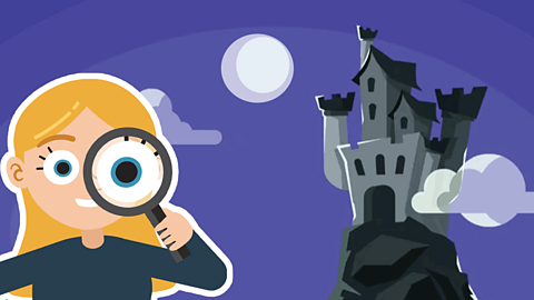 A cartoon spooky castle on a hill with a purple sky and full moon. A cartoon girl with a magnifying glass to her eye in in the foreground.