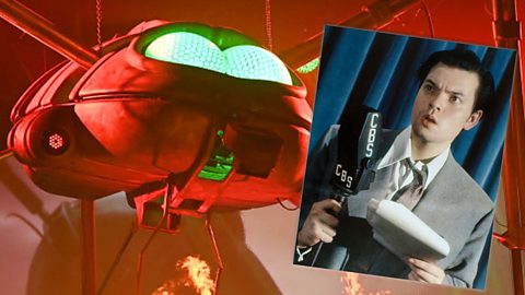 An image of a War of the Worlds alien with an inset of the actor Orson Welles in the 1938 radio production which made people believe aliens had invaded