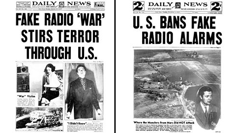 An image showing the coverage of the War of the Worlds radio broadcast from 1938, the day after it caused panic, and the day after that - when such fake news broadcasts were banned