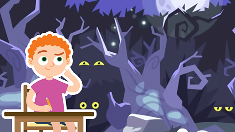 A cartoon scary wood with pairs of yellow eyes peeping out from the shadows, with a cartoon boy thinking at a desk in the foreground