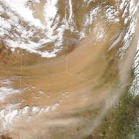 Nasa In March 2025, Dust streamed northeast across Texas and Oklahoma behind a line of thunderstorms (Credit: Nasa)