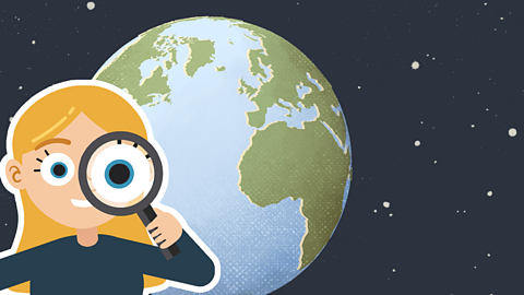 An illustration of planet Earth in space with a cartoon girl in the foreground holding a magnifying glass to her eye