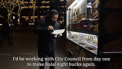 Zohran Mamdani for NYC/YouTube In a campaign video, Mamdani promised to end "halalflation" (Credit: Zohran Mamdani for NYC/YouTube)