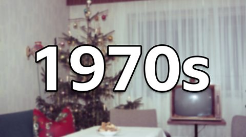 A 1970s living room, decorated for Christmas, with '1970s' superimposed over the top