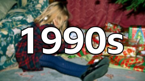 A little girl in the 1990s opening presents under a tree, with '1990s' superimposed over the top