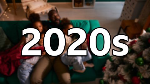 A 2020s family look up at a Christmas tree, with '2020s' superimposed over the top