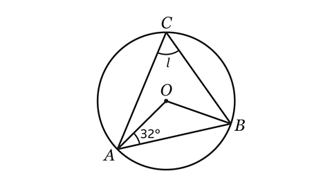 Angle l (ACB) is subtended from the centre of the circle. A triangle is formed between the centre of the circle and points A and B. One of the angles of the triangle at the circumference is 32 degrees