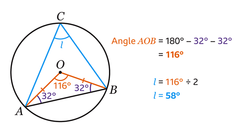 Angle AOB equals 180 minus 32 minus 32. Angle l equals 116 divided by 2