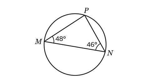 Triangle within a circle with angles of 48 degrees, 46 degrees and unknown angle