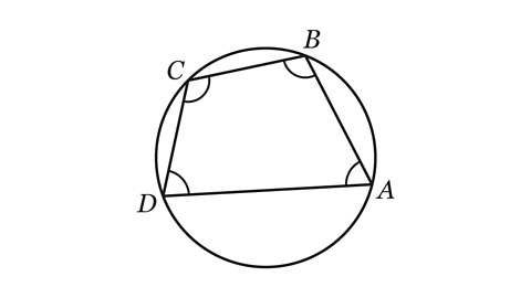 A cyclic quadrilateral, where vertices A, B, C and D all touch the circumference