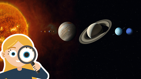 The Solar System, starting with a large Sun on the left, followed by Mercury, Venus, Earth, Mars, Jupiter, Saturn, Uranus and Neptune