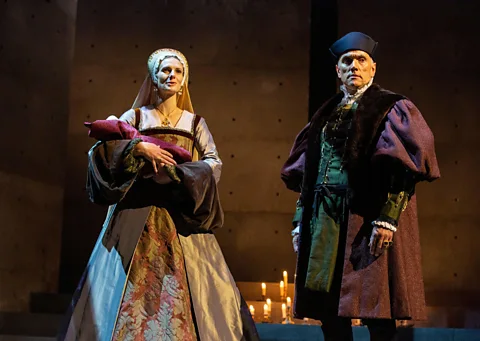 Alamy The 2021 stage version of Hilary Mantel's Wolf Hall featured Jane Boleyn (played by Jo Herbert) and Thomas Cromwell (Ben Miles) (Credit: Alamy)