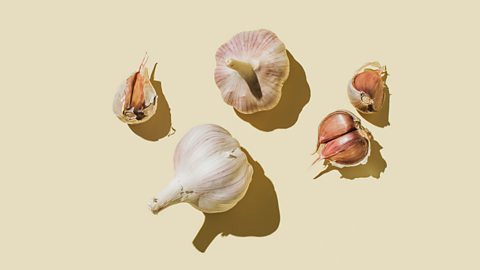 Bulbs of garlic on a pale yellow background