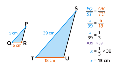 Two right-angled triangles are shown side by side, illustrating a similarity problem. The smaller triangle is labelled PQR, with side QR in orange measuring 6 cm and side PQ in blue labelled x cm. The larger triangle is labelled STU, with side TU in orange measuring 18 cm and side ST in blue measuring 39 cm. Both triangles are shaded light blue. To the right, a worked-out proportion is displayed: PQST=QRTU , x/39 = 6/18 ,x/39 = ⅓, x = 1/3 × 39, x = 13 cm. The calculation shows that the unknown length x equals 13 cm.