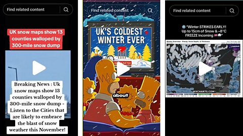 An image showing three different TikTok posts predicting a snowy winter for the UK