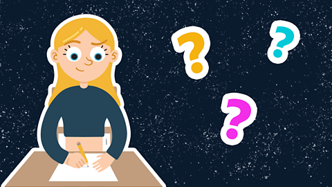 A cartoon girl writing at a desk, with a space background and three question marks