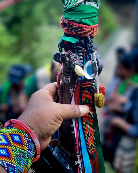 Juan Javier Jojoa Indigenous guards are unarmed, but carry a ceremonial staff as a symbol of their authority (Credit: Juan Javier Jojoa)