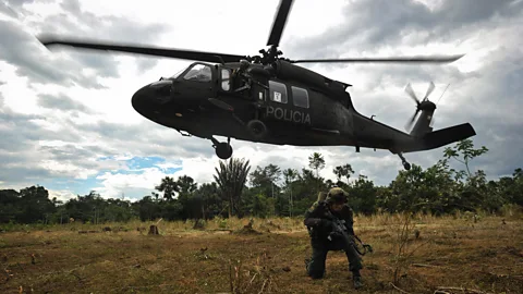 Getty Images Colombian police take off from a coca plantation in the department of Putumayo, Colombia (Credit: Getty Images)