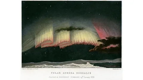 Getty Images An 1839 painting of the Northern Lights in Bossekop, Norway, shows their 'curtain form', caused by the lines of force in the Earth's magnetic field (Credit: Getty Images)