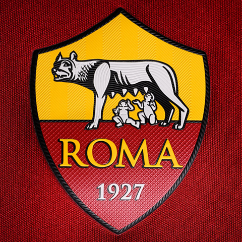 A photograph of the badge of Roma FC.