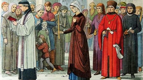 Image shows Noblewoman Eleanor Cobham doing penance through the streets as crowds gather to watch her and the procession of clergy and judges pass