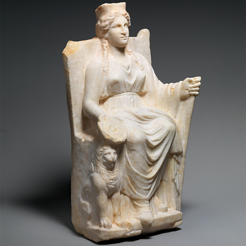 A photo of a marble statuette of Cybele.