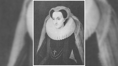 A historic portrait of Mary, Queen of Scots in black and white. The Queen is blank in expression and wears a traditional collar and cross pendant necklace