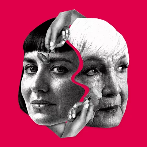 Serenity Strull/ Getty Images A collage showing a young woman's face next to an older woman's face, with two hands holding jade rollers on different areas of their skin, against a pink background (Credit: Serenity Strull/ Getty Images)