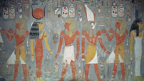 Hieroglyphics from 1300BC, Pharaoh Horemheb's tomb show nobility and gods including the hawk headed god Horus