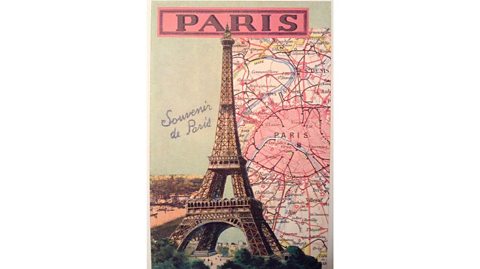 Vintage travel poster for Paris in the 1900s showing the Eiffel Tower and map of central Paris, details piced out in pink and blue