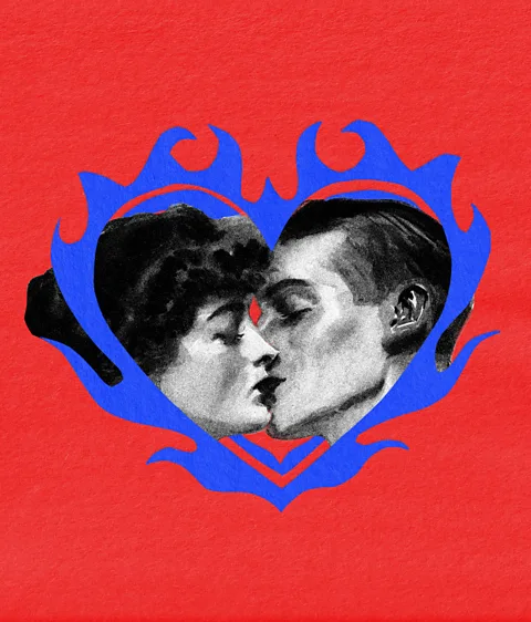 Serenity Strull/ Getty Images A collage with a man and woman kissing inside a blue heart which looks like it's been made of flames, against a red background (Credit: Serenity Strull/ Getty Images)