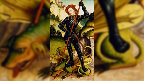 An illustration of St George, patron saint of England, wearing dark armour, a red hat and a red spear, standing on top of a dragon
