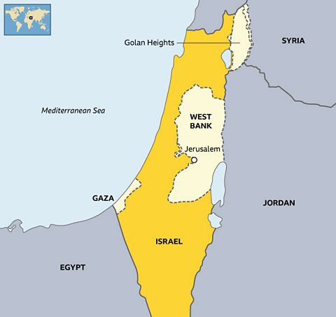 A map showing the State of Israel and surrounding countries, including major cities and regions.