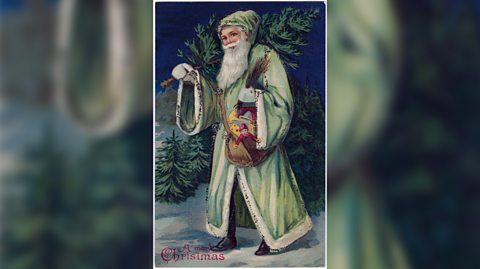 A postcard showing an illustration of Santa Claus in a light green suit, the cloak has a white, fur lining and matching hat. He carries a small Christmas tree on his right shoulder and has a brown satchel full of instruments and toys across his body