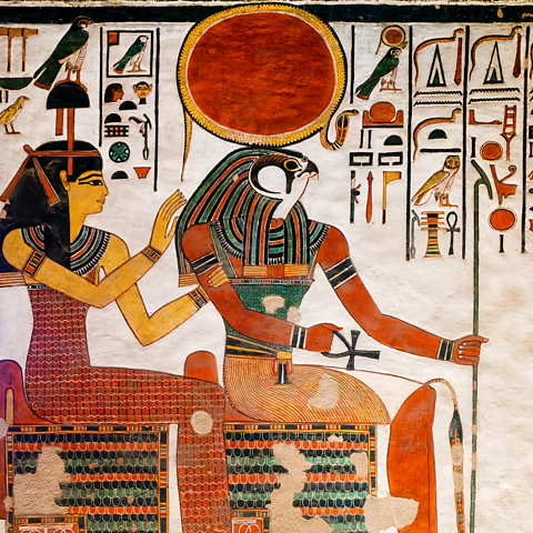 A photo of a mural of Ra from the tomb of Nefertari.