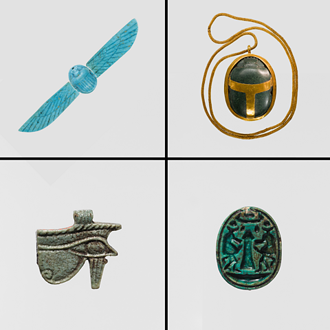 A compilation image of four Ancient Egyptian amulets.