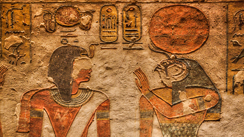 A photo of a relief of the Pharaoh and Ra from the tomb of Rameses III.