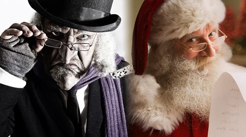 A photo of Ebenezer Scrooge, a Victorian businessman with a frown, wearing small glasses, a black top hat, curly white hair, fingerless gloves, a purple scarf and a black coat. He is next to Santa Claus, dressed in a traditional red suit and hat, both with white fur trim and also has a big white beard and glasses. He smiles holding a list of names