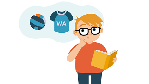 A boy reading with a thought bubble of a netball shirt and ball.