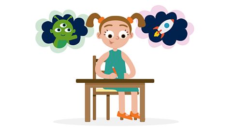 A girl at a writing desk thinking about aliens and space.