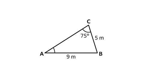 A triangle labelled A at the bottom left, B at the bottom right, and C at the top. Side AB is 9 metres, side BC is 5 metres. Angle at C is 75 degrees. The angle at A and the angle at B are not shown.