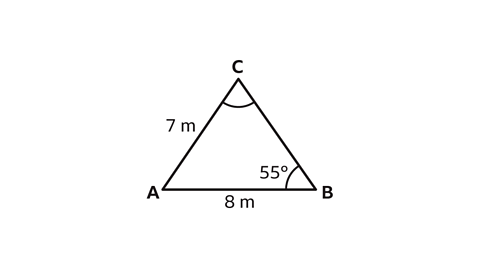 A triangle labelled ABC with vertex C at the top and base AB at the bottom. Side AC measures 7 metres, side AB measures 8 metres, and side BC is not labelled. The angle at vertex B is marked as 55 degrees, and the angle at vertex C is shown but not labelled.